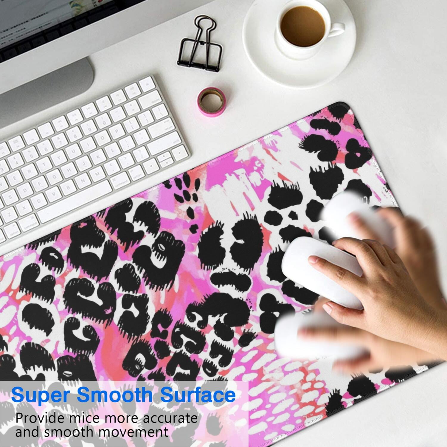 Long Mouse Pads for Desk,Pink Leopard Pattern Desk Mats on Top Of Desks, Desk Mouse Pad Extra Large with 3mm Non-Slip Base and Stitched Edge for Gaming,Office,Work,Home 31.5"x15.7"