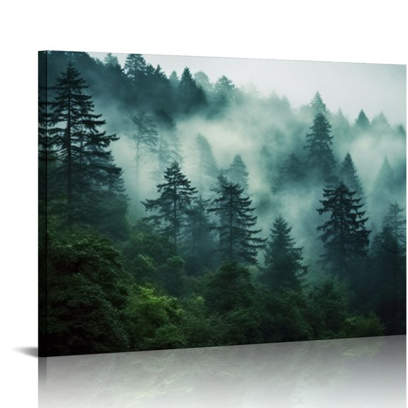 Acheng Wall Art Canvas Misty Foggy Mountain Landscape Painting Forest Trees Picture Poster Print Framed and Stretched Ready to Hang for Living Room Bedroom Wall Decor 20x16in