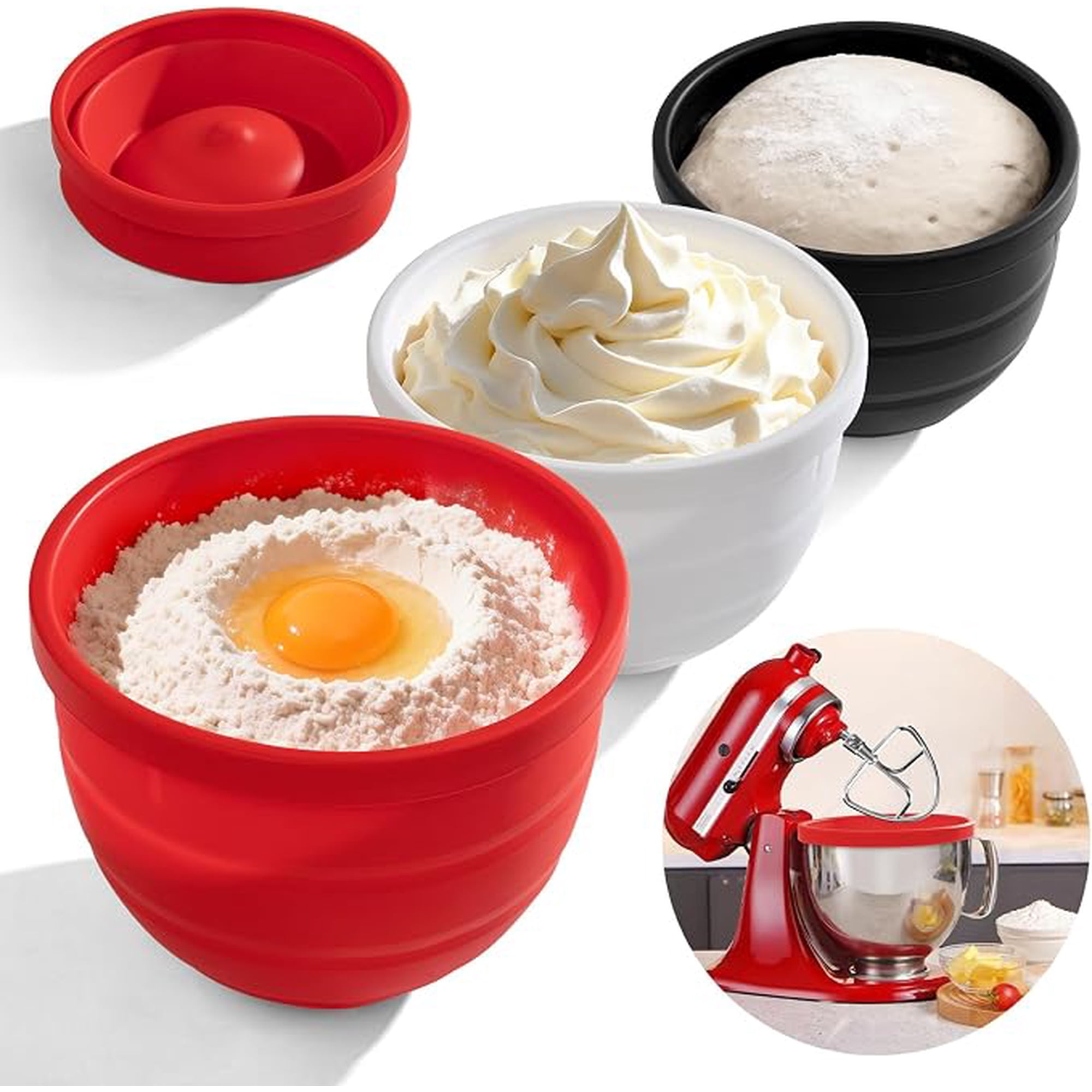 Silicone Bowl Liner for KitchenAid Tilt-Head 5QT Mixers - 3 Liners & 3 Lids Included, Non-Stick Anti-Scratch, Noise Reduction with Lids, Foldable Dishwasher Microwave Safe