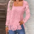 thumbnail image 2 of Lace Trim T Shirts for Women Long Sleeve Crewneck Sheer Tee Breathable Blouse Casual Tee Pink M, 2 of 4
