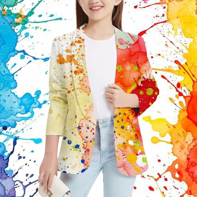 Stylish Girls Tops Kids Colorful IColorful Sp Lashed Ink Printed Personality Suit Jacket for Fashionable Young Girls