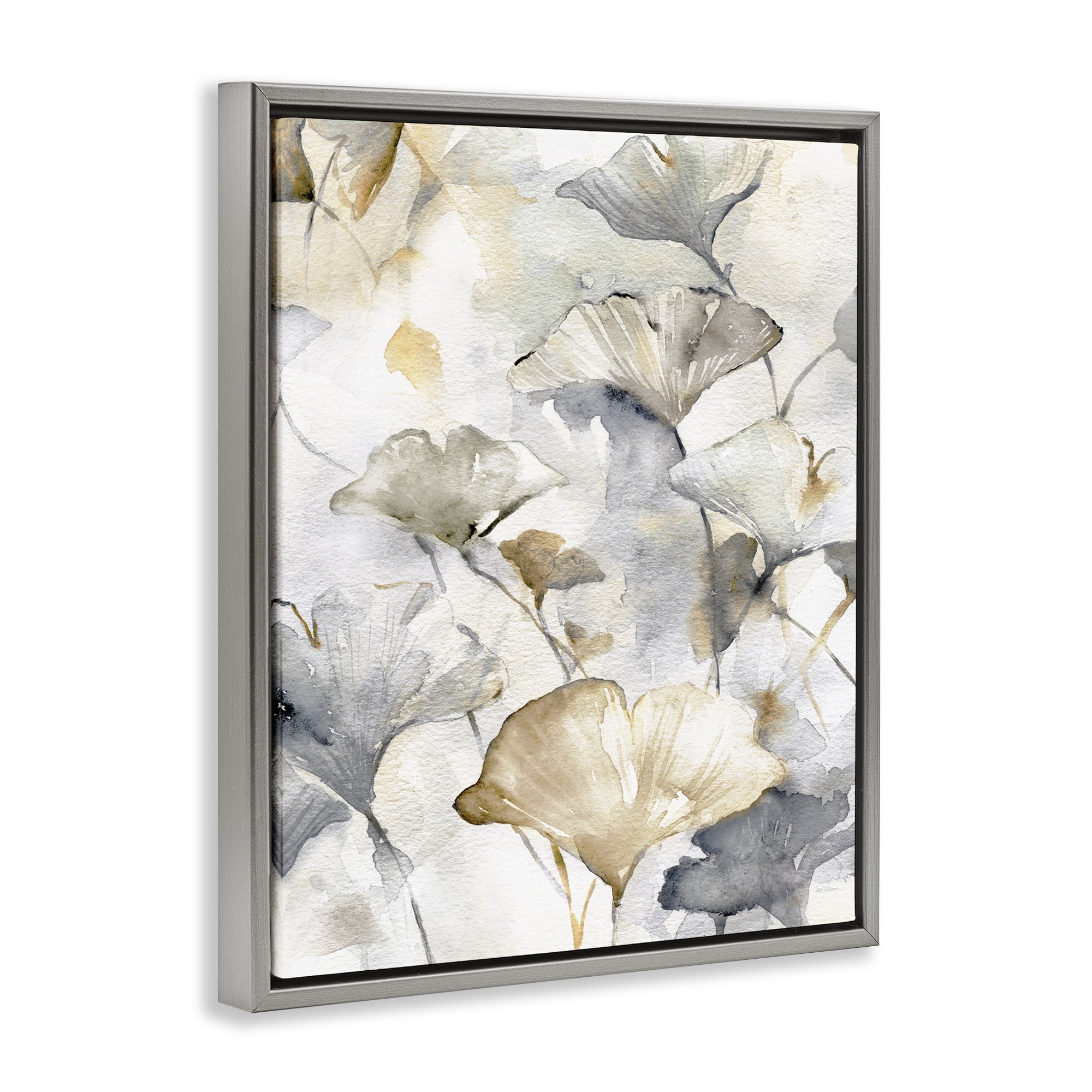 Stupell Industries Beige & Grey Gingkoes Plants & Flowers Painting Gray Floater Framed Canvas Art Print Wall Art, 25 x 31