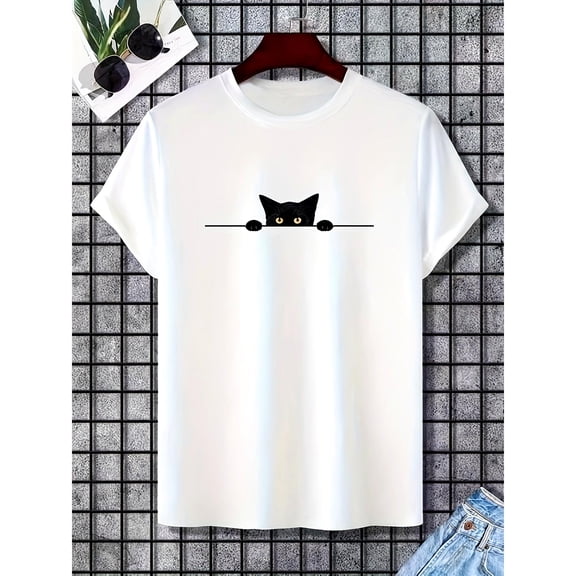 Unisex White Print Tshirt Graphic Tees Shirts Peeking Black Cat Pet Love Humor S-5XL Tops