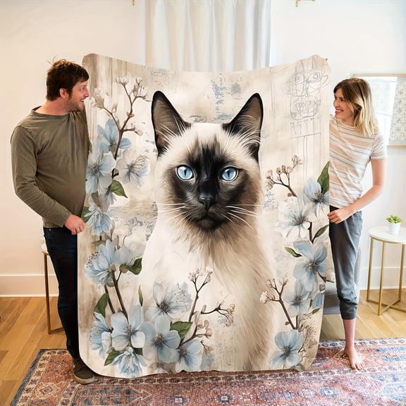 Cozy Light Blue Floral & Siamese Cat Print Flannel Throw Blanket - Soft, Warm, and Stylish All-Season Gift for Sofa, Bed, Office, and Travel