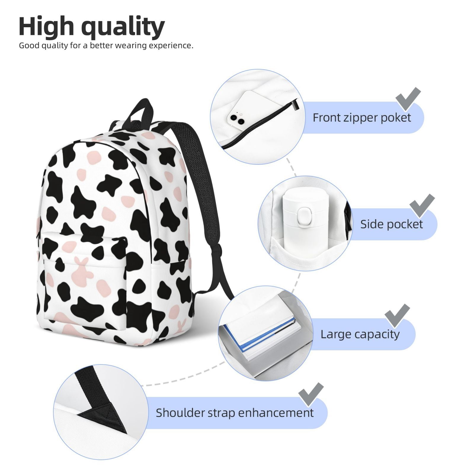 Casual Canvas Backpack Without Interlayer Large Capacity Stick Bag Design For Outdoor Shopping Office Outdoor Sports Simple Cow Print Pattern White Background, Pink And White_3 Medium