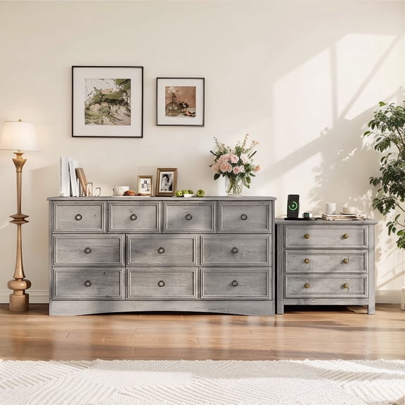 Holliwill Farmhouse Bedroom 2 Pieces Set, Wide 10 Drawer Dresser and 3 Drawer Nightstand with Open Shelf & Charging Station, Chest of Drawers for Bedroom, Grey
