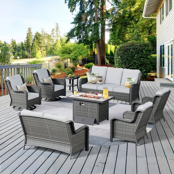 Vcatnet 8 Pieces Outdoor Patio Furniture Sectional Sofa All-weather Conversation Set with Swivel Rocking Chairs and Fire Pit Table for Garden,Poolside,Gray