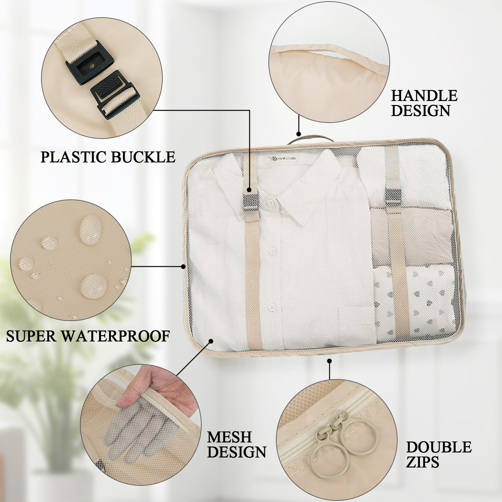 HonorHut 8 Set Packing Cubes Lightweight Organizer Bags Mesh Luggage Packing Bags Durable Storage Totes Travel Essentials Accessories Beige
