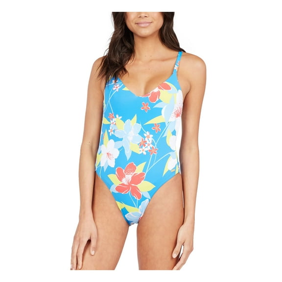 ROXY Women's Blue Floral Removable Cups Deep V Neck Tie She Just Shines One Piece Swimsuit S