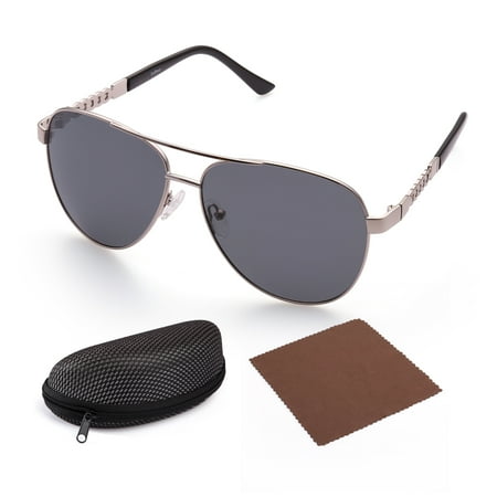 polarized aviator sunglasses lens frame grey metal silver shatterproof uv400 58mm protection included case