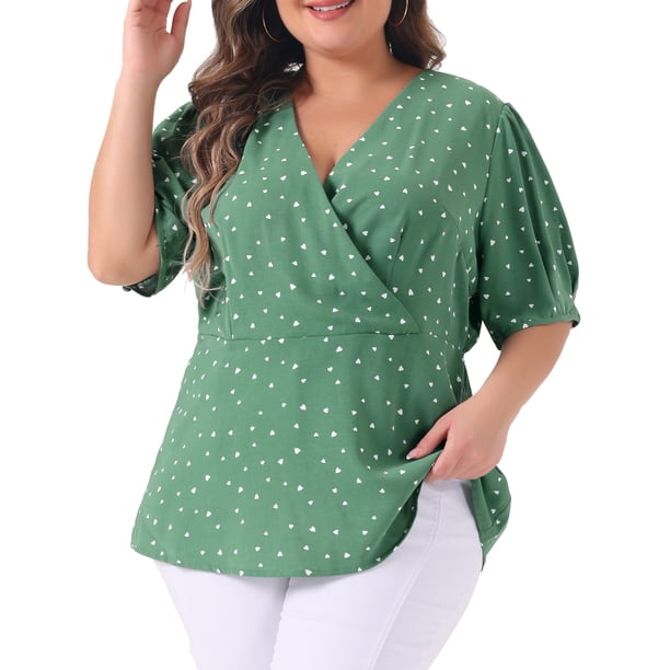 Agnes Orinda Blusa envolvente de peplum de manga corta con cuello en V y lunares para mujer de tallas grandes 4X verde