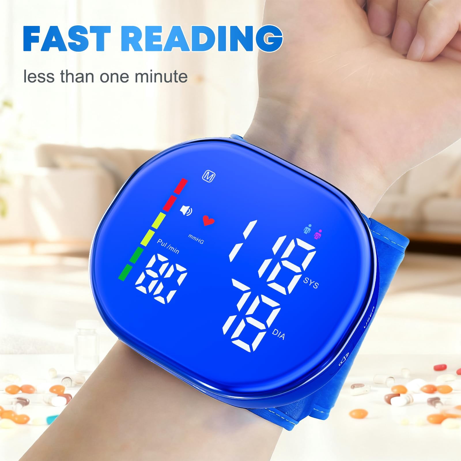 Wrist Blood Pressure Monitor, Rechargeable BP Cuff with Large LED Backlit Display, 5.3"-8.4" Adjustable Wrist Cuff, 2-User Mode, Digital Blood Pressure Machine for Home Use,Blue