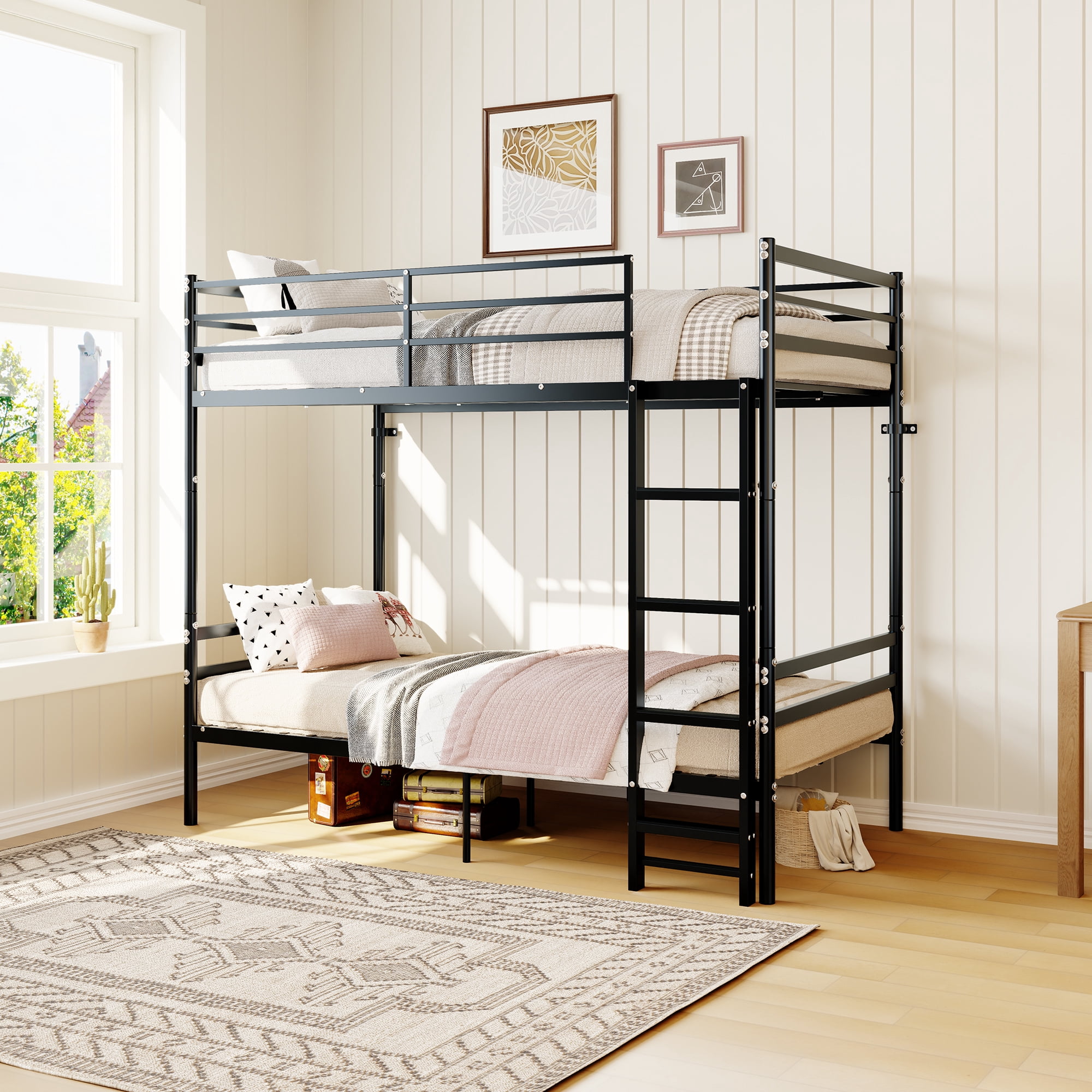 Leumius Twin Over Twin Bunk Beds,Heavy-Duty Metal Bunk Bed with Safety Guardrail & Ladder,Metal Slats Support,No Box Spring Needed,Black