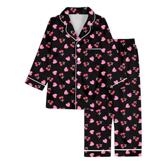 XAOFW Girl's Outfits Sets Valentines Day Cherry And Heart Print Long Sleeve Lapel Top Pants Two Piece Outfit Comfort Fit Set Party Night Breathable Trendy Clothes Sets