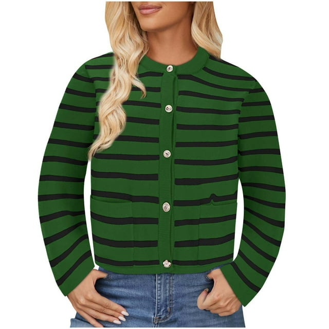 MeetoTime Cardigan à Manches Longues Rayé pour Femmes, Boutonné, Ouvert, Tricoté, avec Poches