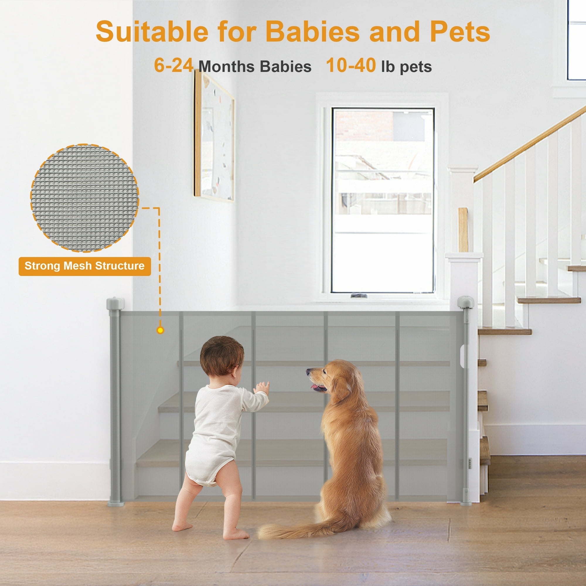 Vomeast 71in Extra Wide Retractable Baby Gates with Support Rods,Dog Gates for Doorways Stairs Hallways(Grey)