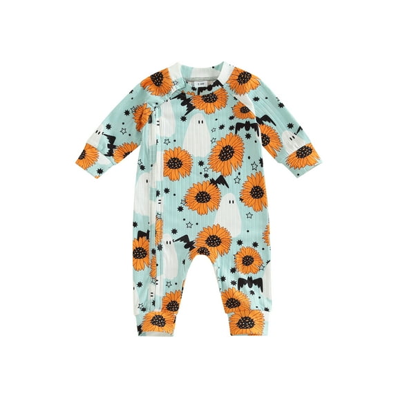 Wassery Infant Baby Girls Halloween Clothes Ghost  Flower Print Long Sleeve Zipper Jumpsuit  Newborns Baby Girls Fall Casual Outfit Sets 0-18 Months