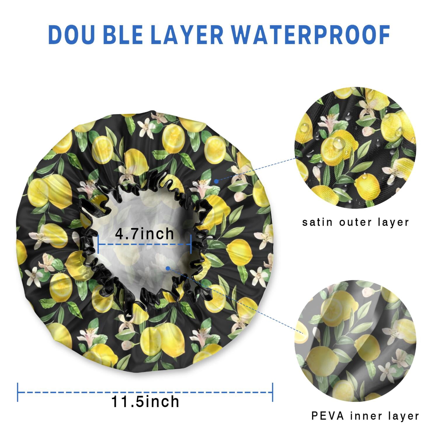 Shower Caps,Yellow Lemon Fruit Flowers Black Pattern Waterproof Shower Cap for Women 4 Pieces,Double Reusable Hair Cover for Shower PEVA Elastic Stretch Hem