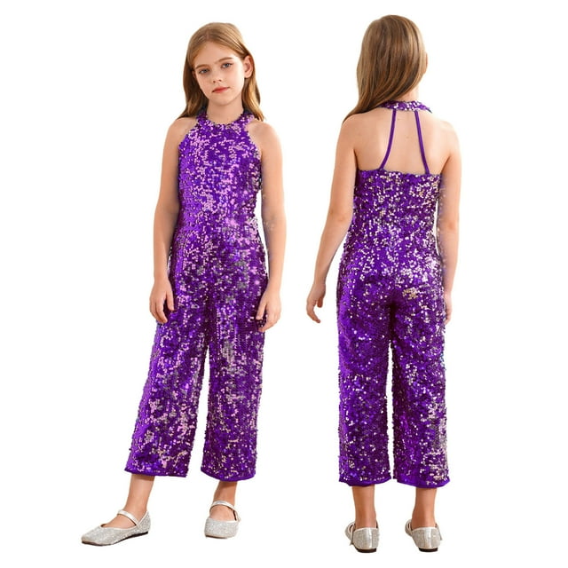 Venjoe Combinaison à Sequins pour Filles, Tenue de Concours Formelle, une Pièce Sans Manches, Violet 12