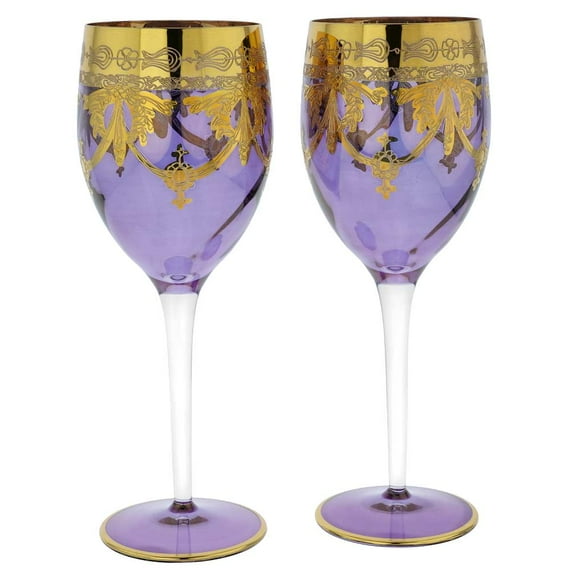 GlassOfVenice Set of Two Murano Glass Wine Glasses 24K Gold Leaf - Purple