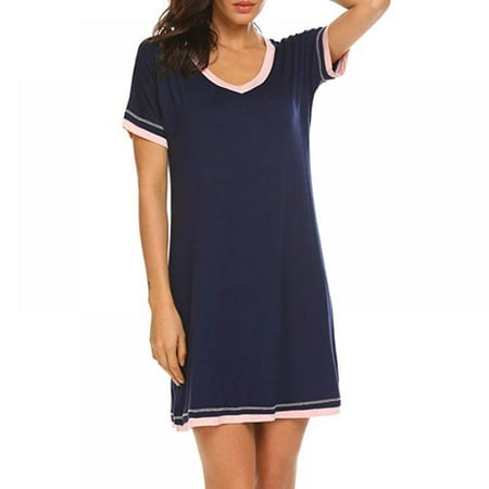 

Prettyui Blue Ladies Nightdress Underwear Homewear Cotton Blended Solid Color Round Neck Short Sleeve Nightdress