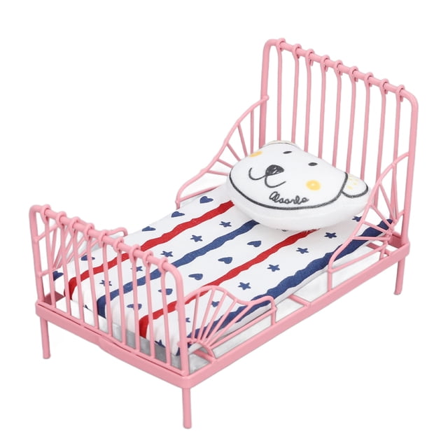 1/12 Dollhouse Cama De Metal, Casa Muñecas Miniatura Muebles Con Oso Almohadas Para Dollhouse Dormitorio