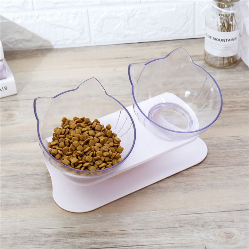 Double Cat Bowl with Raised Stand,15°Tilted Platform Cat Feeders Food