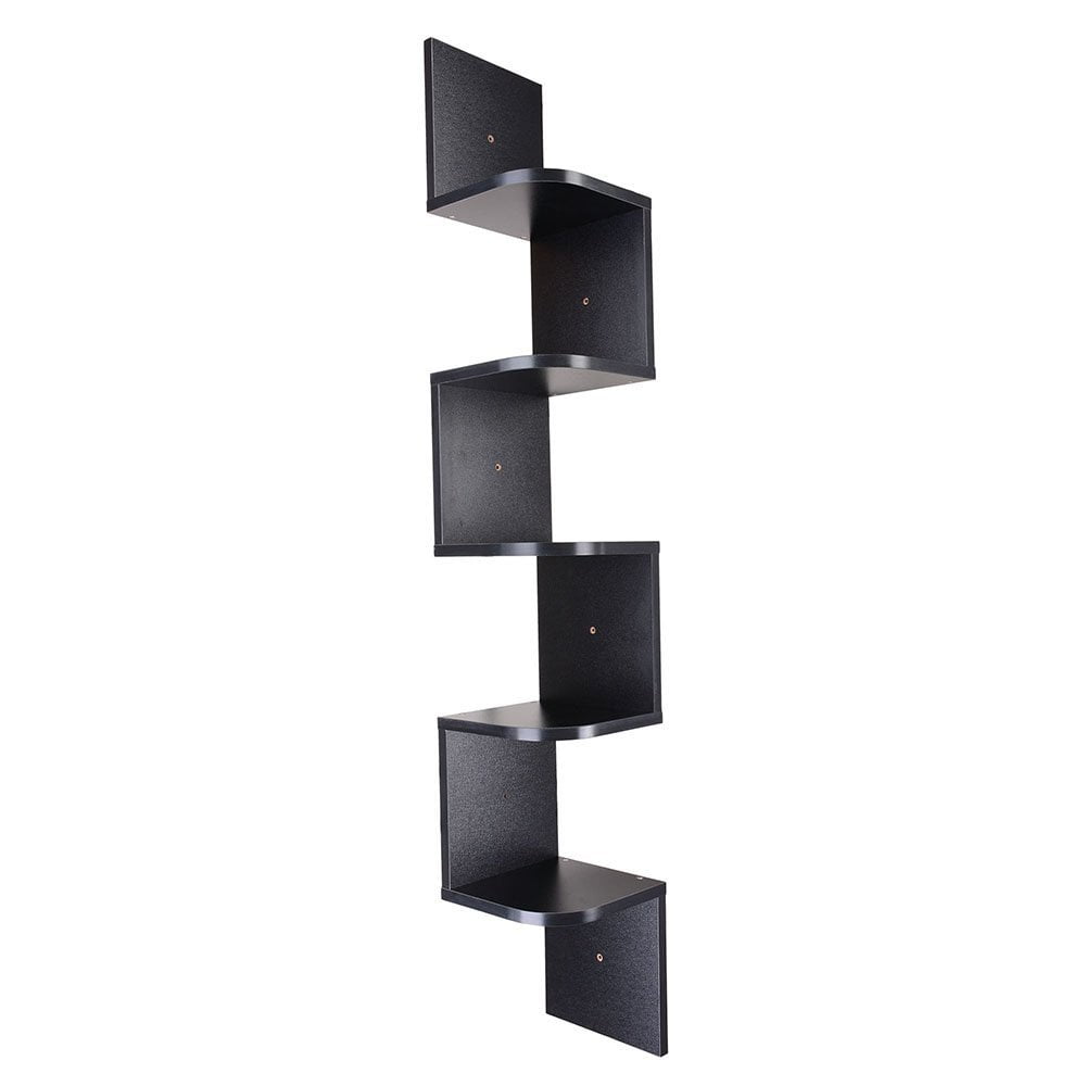Lowestbest 5 Tiers Wood Corner Wall Shelf, Zig Zag Wooden Shelves Wooden Mount Rack for Home, Black Lowestbest 5 Tiers Wood Corner Wall Shelf, Zig Zag Wooden Shelves Wooden Mount Rack for Home, Black