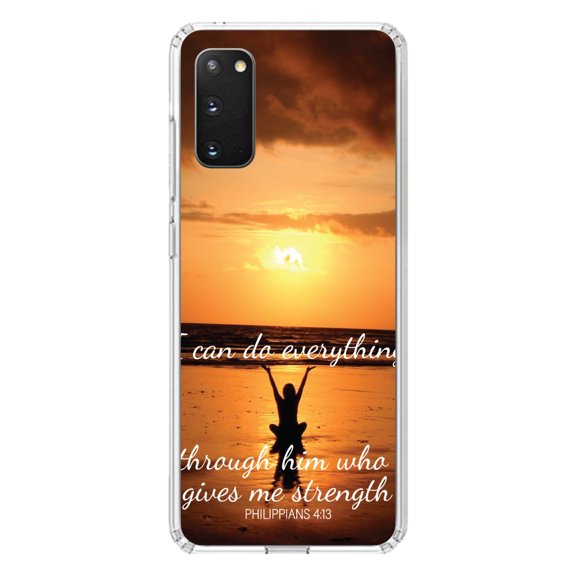 DistinctInk Clear Shockproof Hybrid Case for Galaxy S20 PLUS / 5G (6.7" Screen) - TPU Bumper, Acrylic Back, Tempered Glass Screen Protector - Philippians 4:13 Everything through Him who gives strength