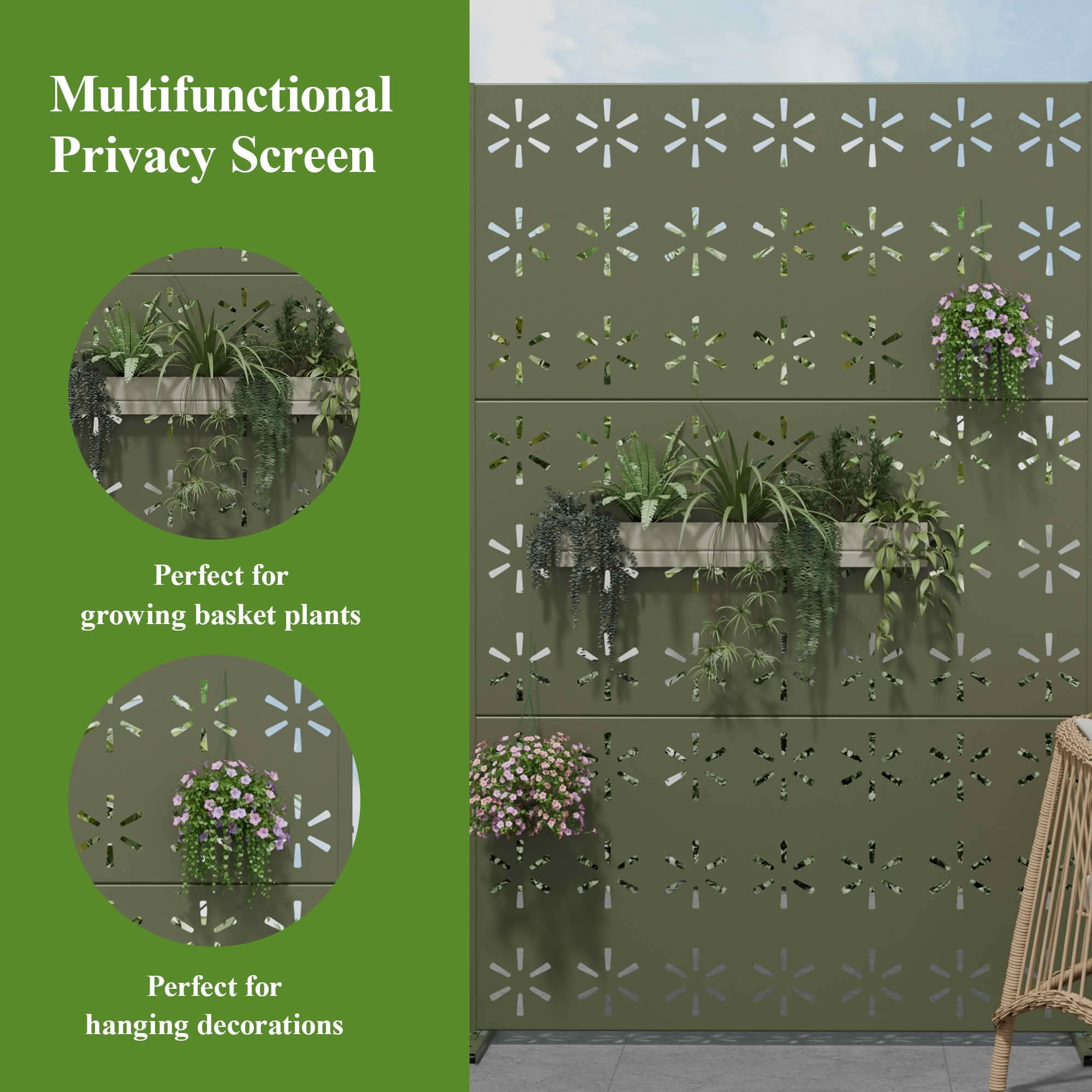 MAYEERTY 72x47x16 Inch Olive Gray Starburst Galvanized Steel Privacy Screen, 3 Piece Set for Outdoor Garden