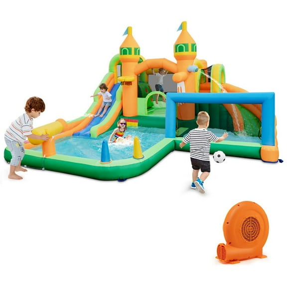 GVN Inflatable Bouncer, Jumping Castle,Kids Inflatable Water Slide with Soccer Gate and 750W Blower