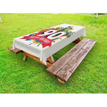 90th Birthday Outdoor Tablecloth, Funky Pop Style Geometrical Fun Celebration Cute Colorful Greetings Theme, Decorative Washable Fabric Picnic Tablecloth, 58 X 104 Inches, Multicolor, by Ambesonne