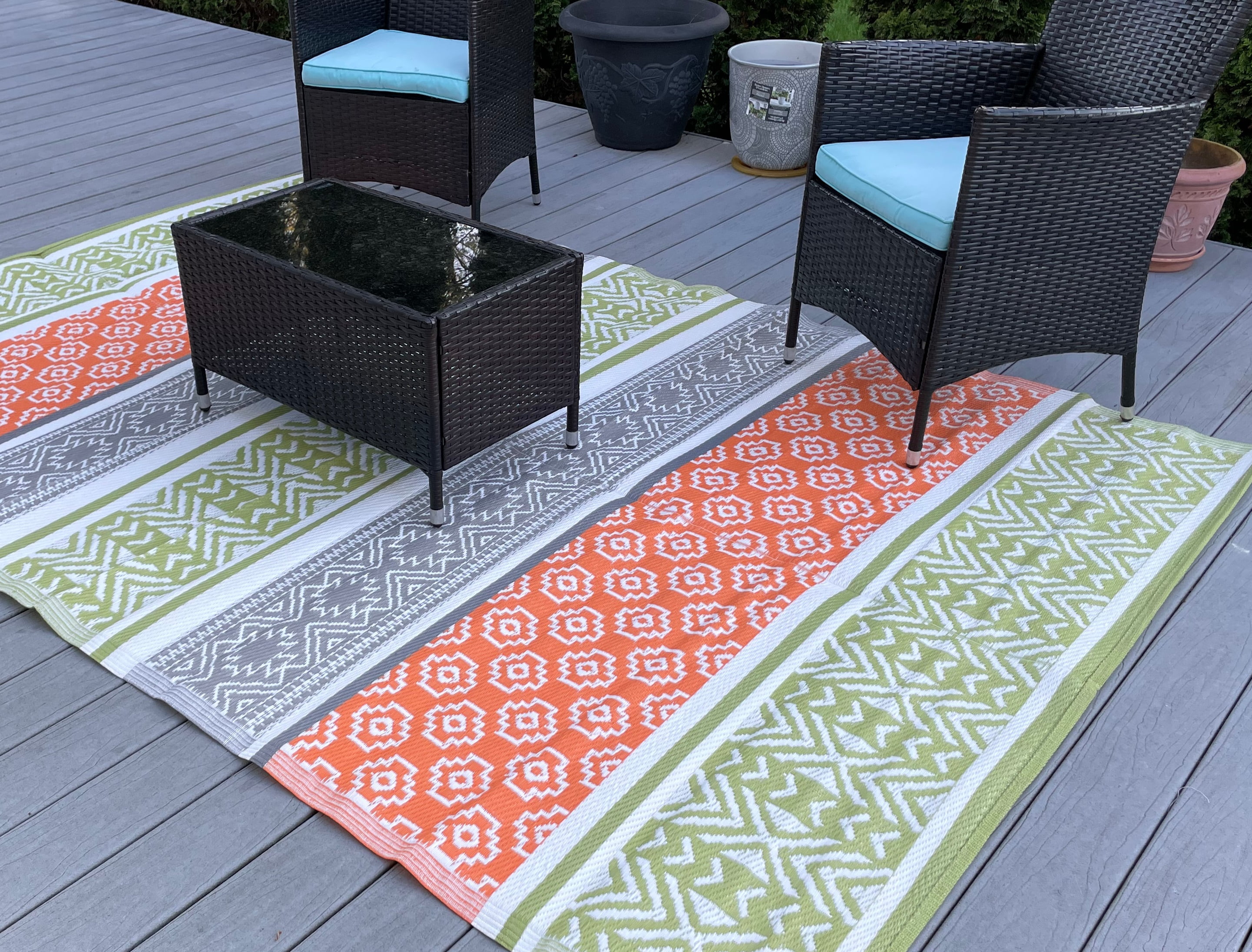 BalajeesUSA Large Patio Camping Picnic Outdoor Rug Mat 9x18 ft Green Orange Reversible Waterproof