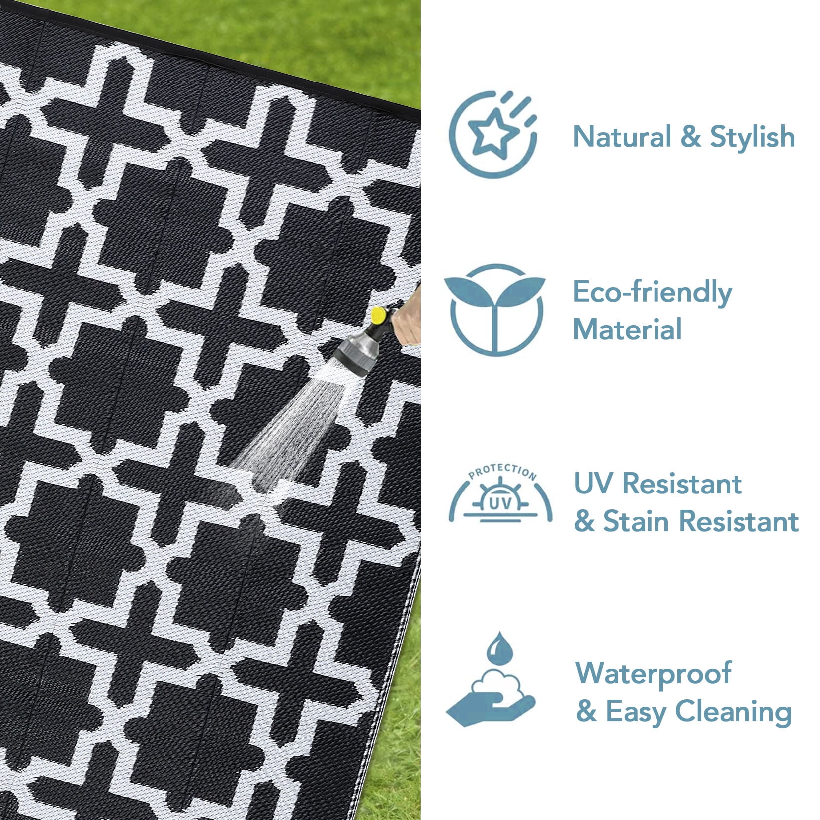 Hasoo Outdoor Rug Waterproof Premium Polypropylene Geometric Area Rug for Patio Porch Deck Balcony Black & White 6ft x 9ft