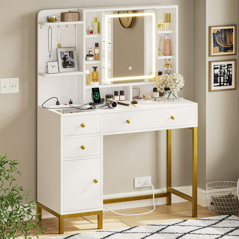 White Makeup Vanity with 10 Light Bulbs Modern Vanity Table with Mirror  &Outlets