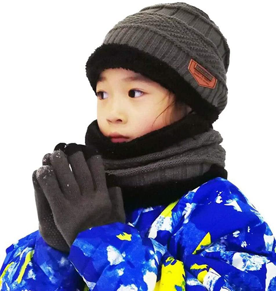 HINDAWI Winter Beanie Hat Scarf Gloves for Kids 5-14 Years Snow Knit Skull Caps Boys Girls Scarves 
