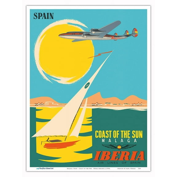 Málaga Spain - Coast of the Sun - Iberia Airlines - Vintage Airline Travel Poster c.1950s - Master Art Print (Unframed) 9in x 12in