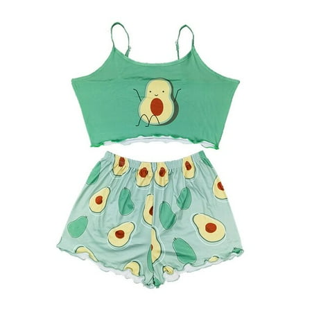 

QWZNDZGR Avocado Print Women Sleepwear Summer V Neck Sexy Pajama Sets Spaghetti Strap Cute Lingerie Sleep Tops and Shorts Set Home Suit