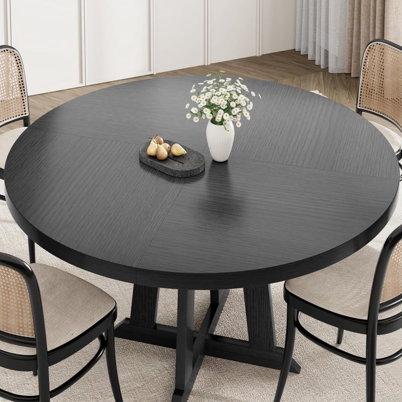 TROPOW Round Dining Table, 47 Inch Dining Table for 4-6, Farmhouse Kitchen Table with Wood Pedestal Cross Base, Thick 1.2'' Tabletop 300LB, Adjustable Feet
