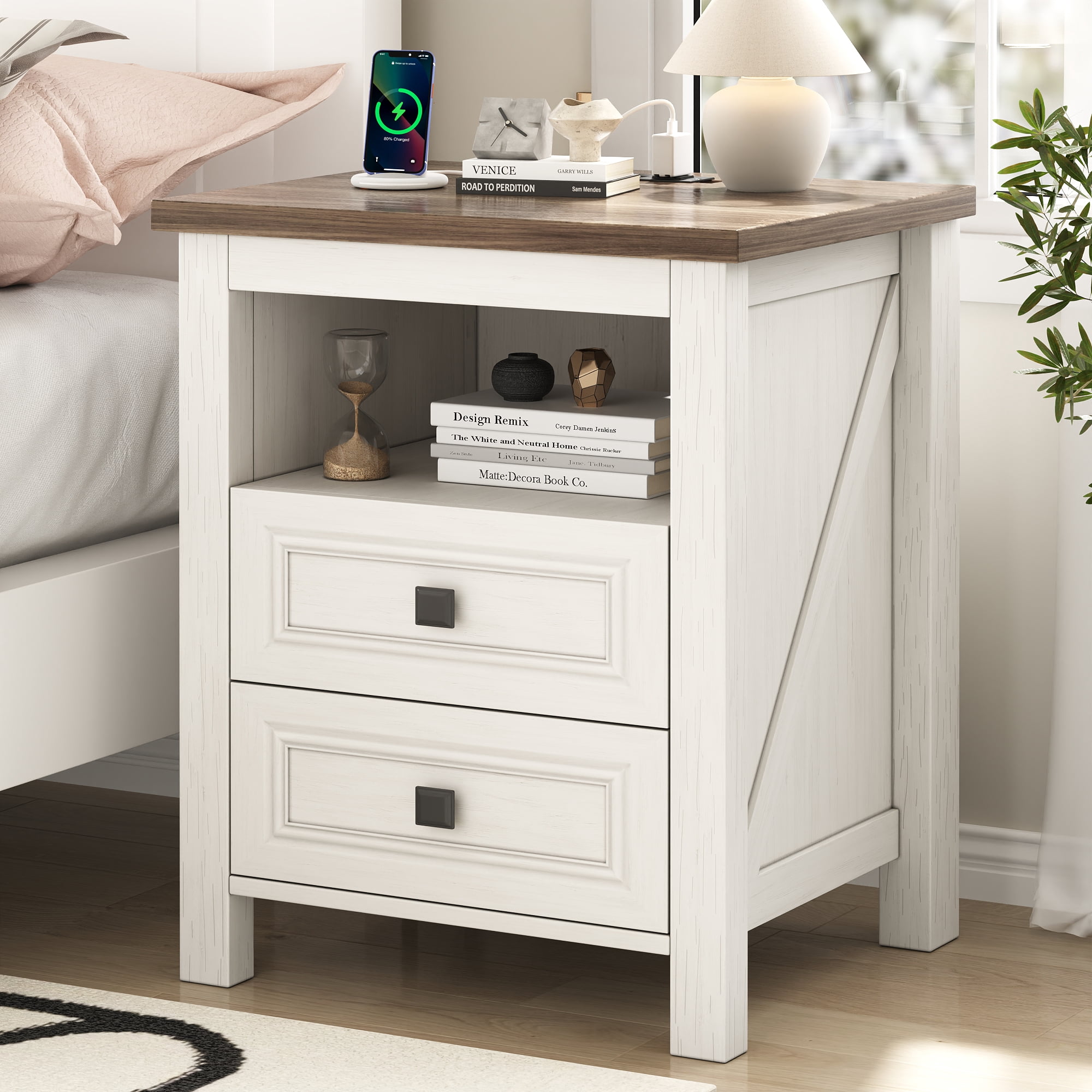 Nightstand with charging station, Rustic Bedside Table with 2 Drawers, Farmhouse Nightstand End Tables Night Stand for Bedroom Living Room, White