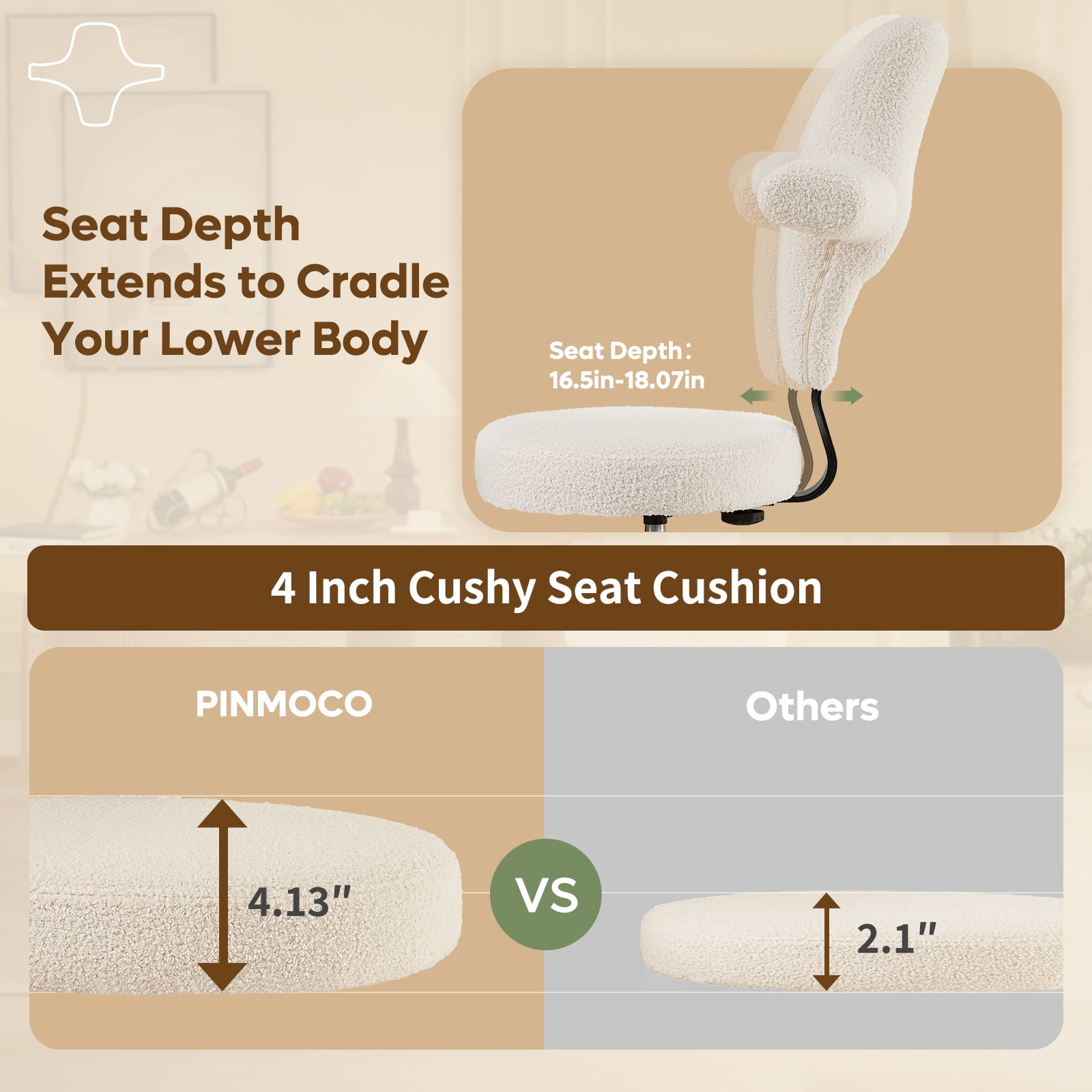 Pinmoco Ergonomic Cross Legged Office Chair, Wide Teddy Fabric Criss Cross Desk Swivel Seating for Home, White