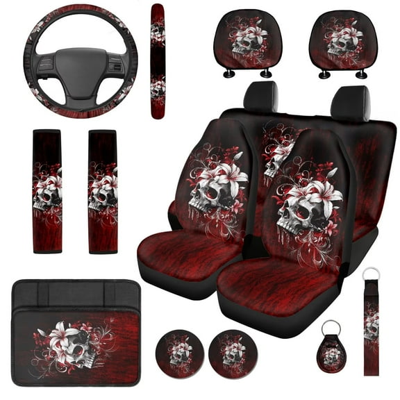 Garronmavis Red Flower Skull 14 Pack Car Seat Covers Full Set with Headrest Protector Car Steering Wheel Cover Auto Armrest Cover and Seat Belt Covers Full Coverage Fit for Most Cars, SUV