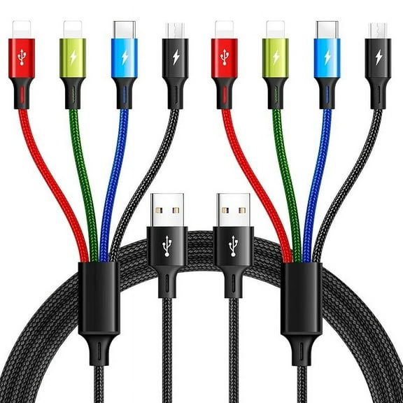 Multi Charging Cable 3.5A Multiple Charger Cable Braided 4 in 1 Multi USB Cable Fast Charging Cord with IP/Type C/Micro Ports for Cell Phones/iPhone Series/Tablets/Samsung Galaxy & More (2Pack 4Ft)