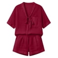 thumbnail image 4 of Costeam Womens Two Piece Outfit Tie Knot V Neck Short Sleeve Top and Elastic Drawstring Waist Shorts Set Linen Blend Matching Set with Pockets, 4 of 9