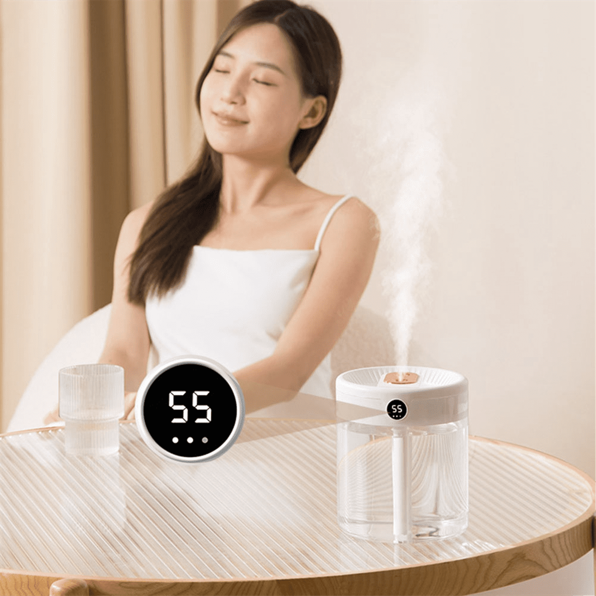 H2O Air Humidifier 2L Capacity Double Nozzle with LCD Humidity Display Essential Oil Diffuser Portable USB,White