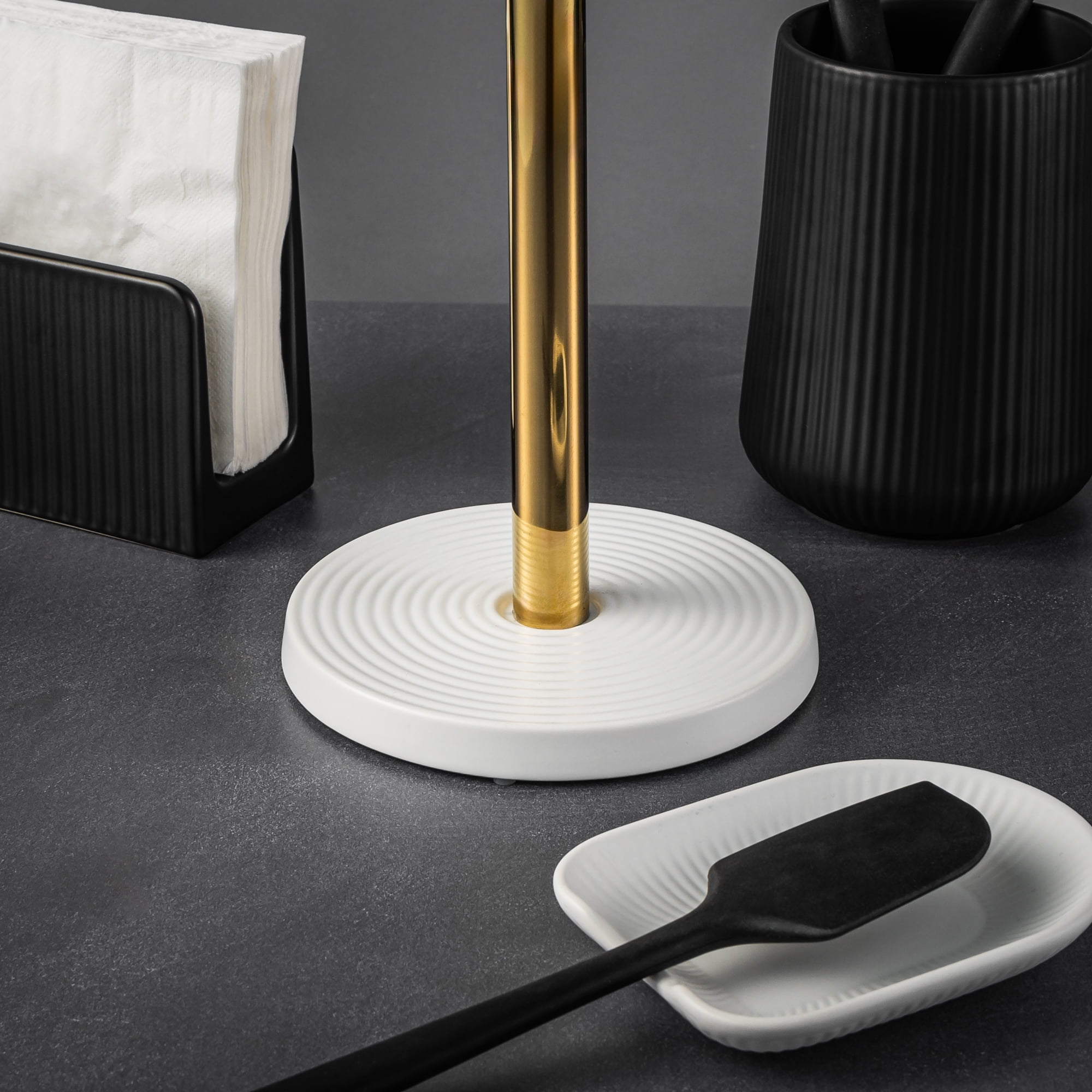Thyme & Table Paper Towel Holder with Ribbed Ceramic Base, White and Gold