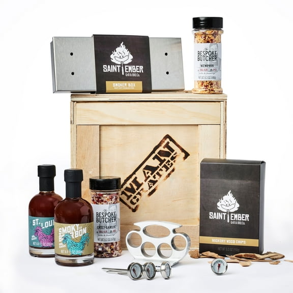 Man Crates Grilling Gifts for Men, Master Crate with Wood Chips, Smoker Box, Thermometer, Tenderizer, Sauce and Rubs