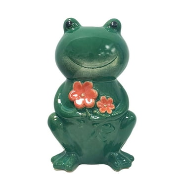 Mainstays 8 Inch Ceramic Frog Garden Décor Green Wave Frog Statutory Holding Flowers
