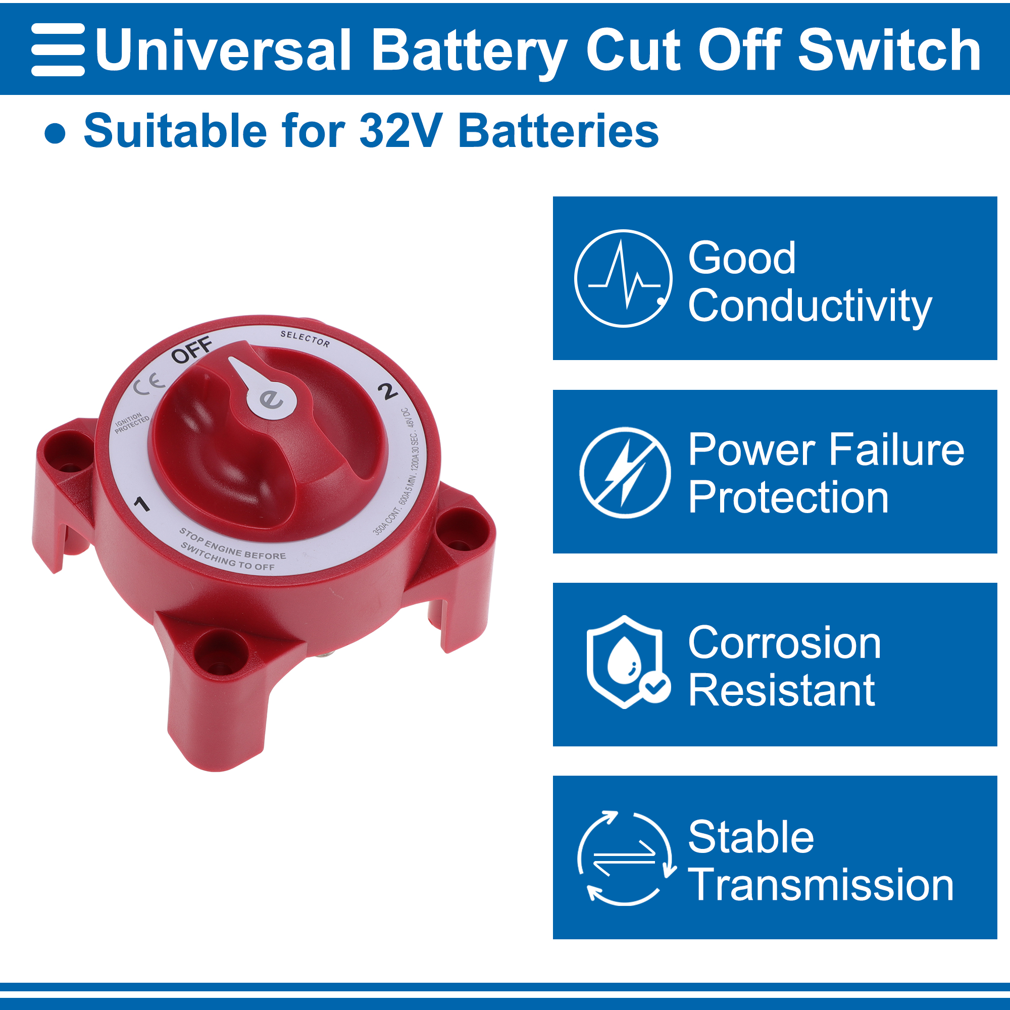 Battery Disconnect Switch 32V Battery Power Cut Isolator Kill Switch ON/Off Batteries Cut Off Switches for Cars Vehicles RVs and Boats 1 Pc