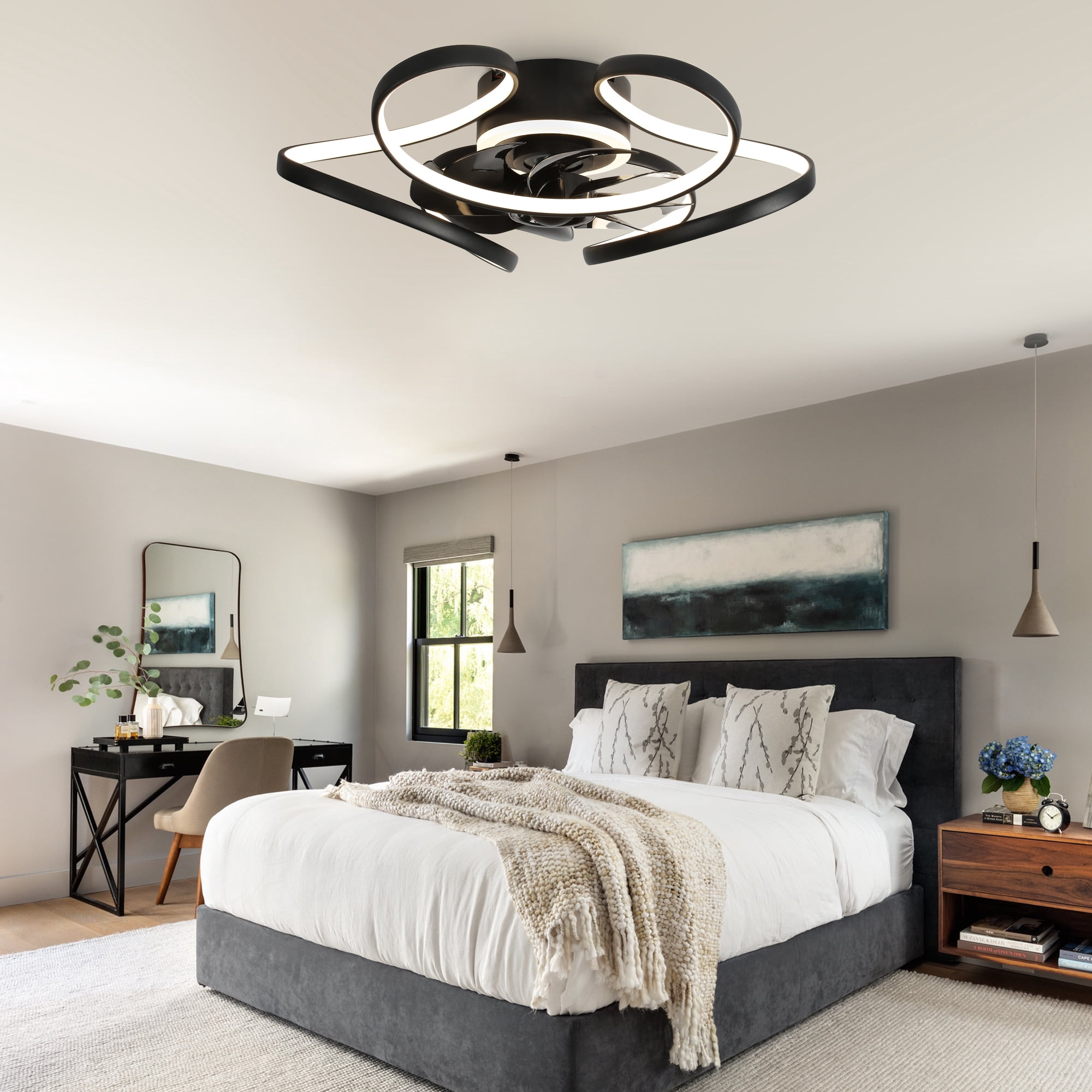 22inch Low Profile Ceiling Fan with 6- Speed, Reversible Flush Mount Ceiling Fan with Dimmable Light APP and Remote Control